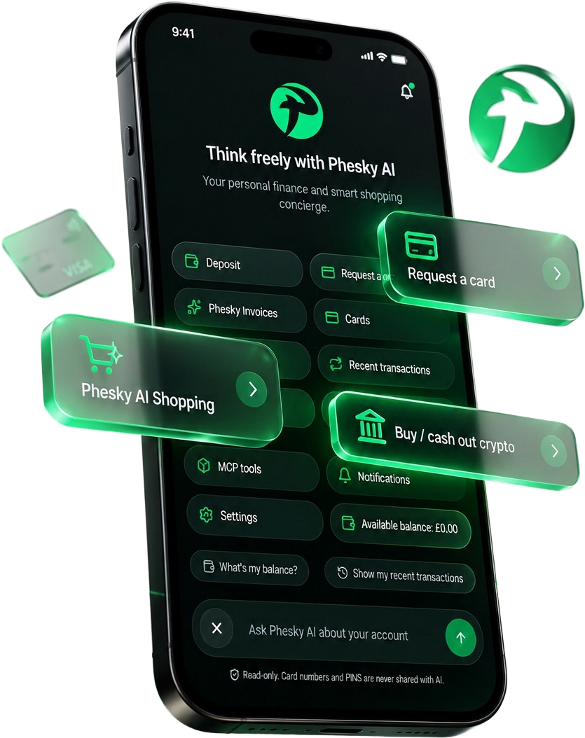 Phesky AI app showing the Think freely with Phesky AI screen with Request a card, Phesky AI Shopping and Buy or cash out crypto actions